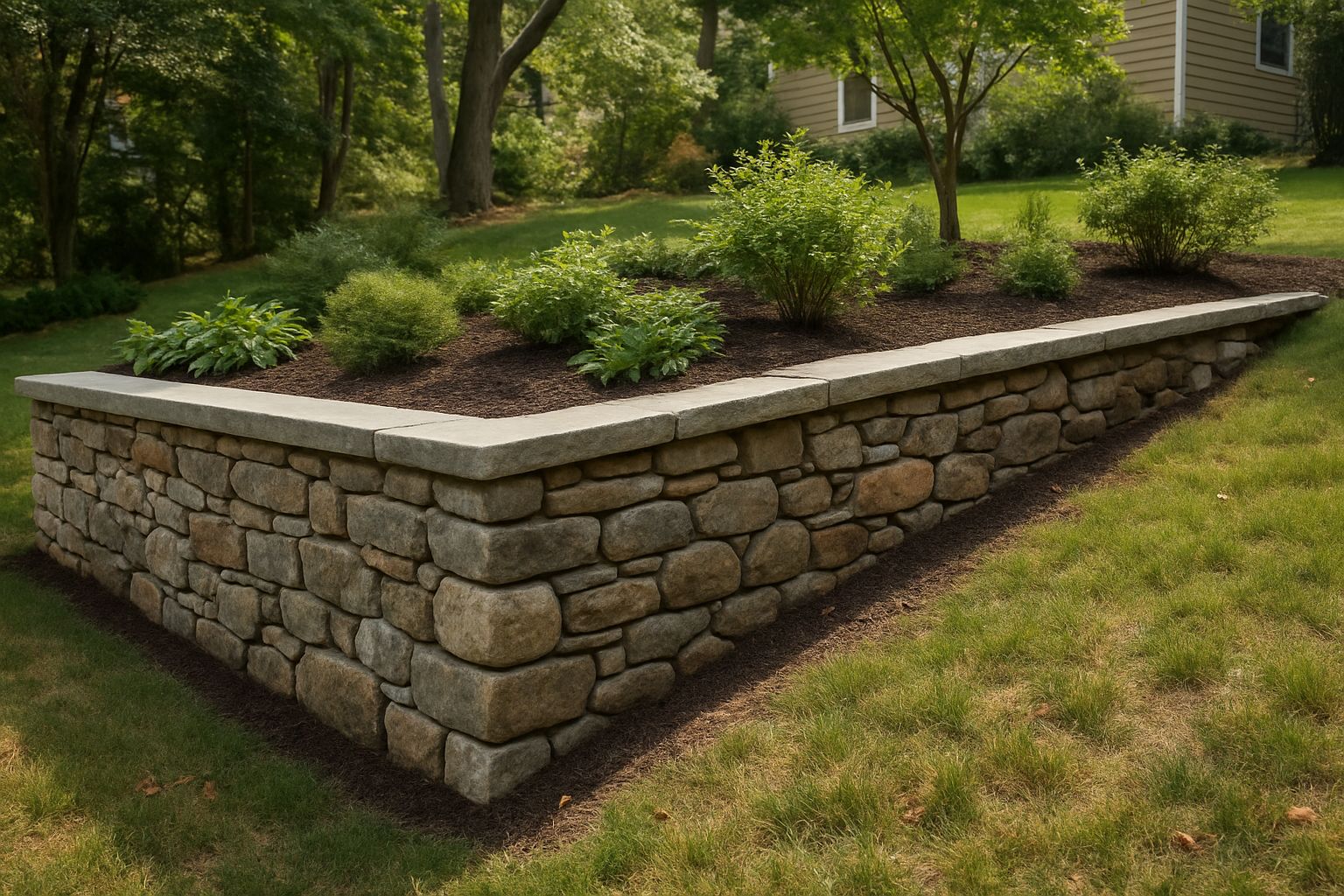 Natural stone retaining wall bordering a garden bed